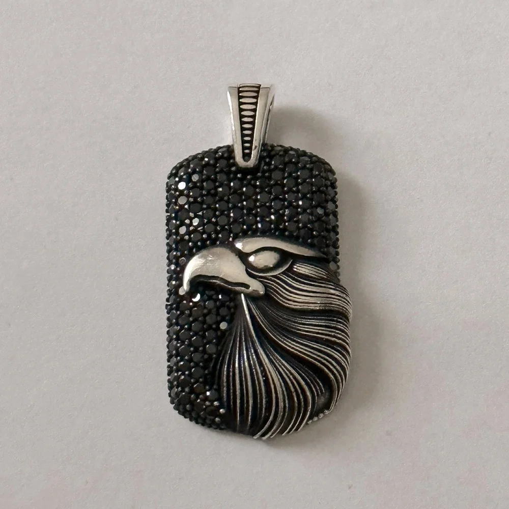 925 Silver eagle rectangle pendant black cubic zirconia cz stones unisex